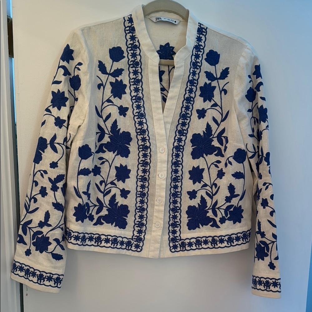 Zara Cream Jacket with Navy Blue Floral Embroidery